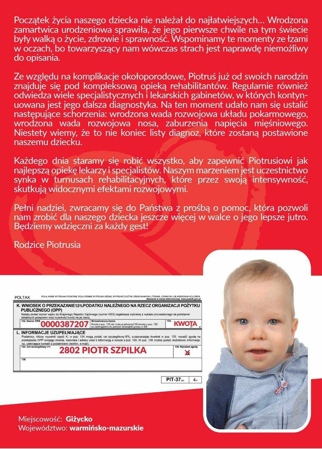 Pomóżmy Piotrusiowi Szpilce w walce o lepsze jutro - przekaż swoje 1,5% podatku