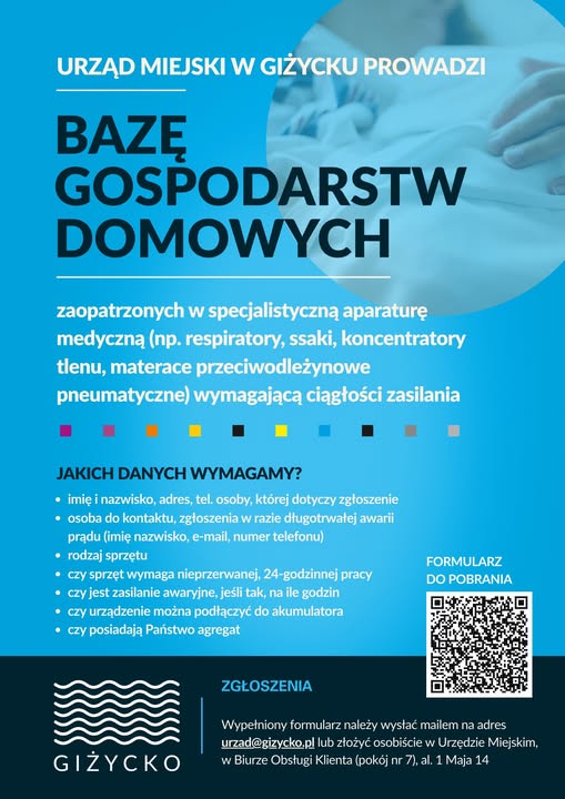 Urząd miasta w Giżycku: Zgłoś sprzęt medyczny wymagający stałego zasilania