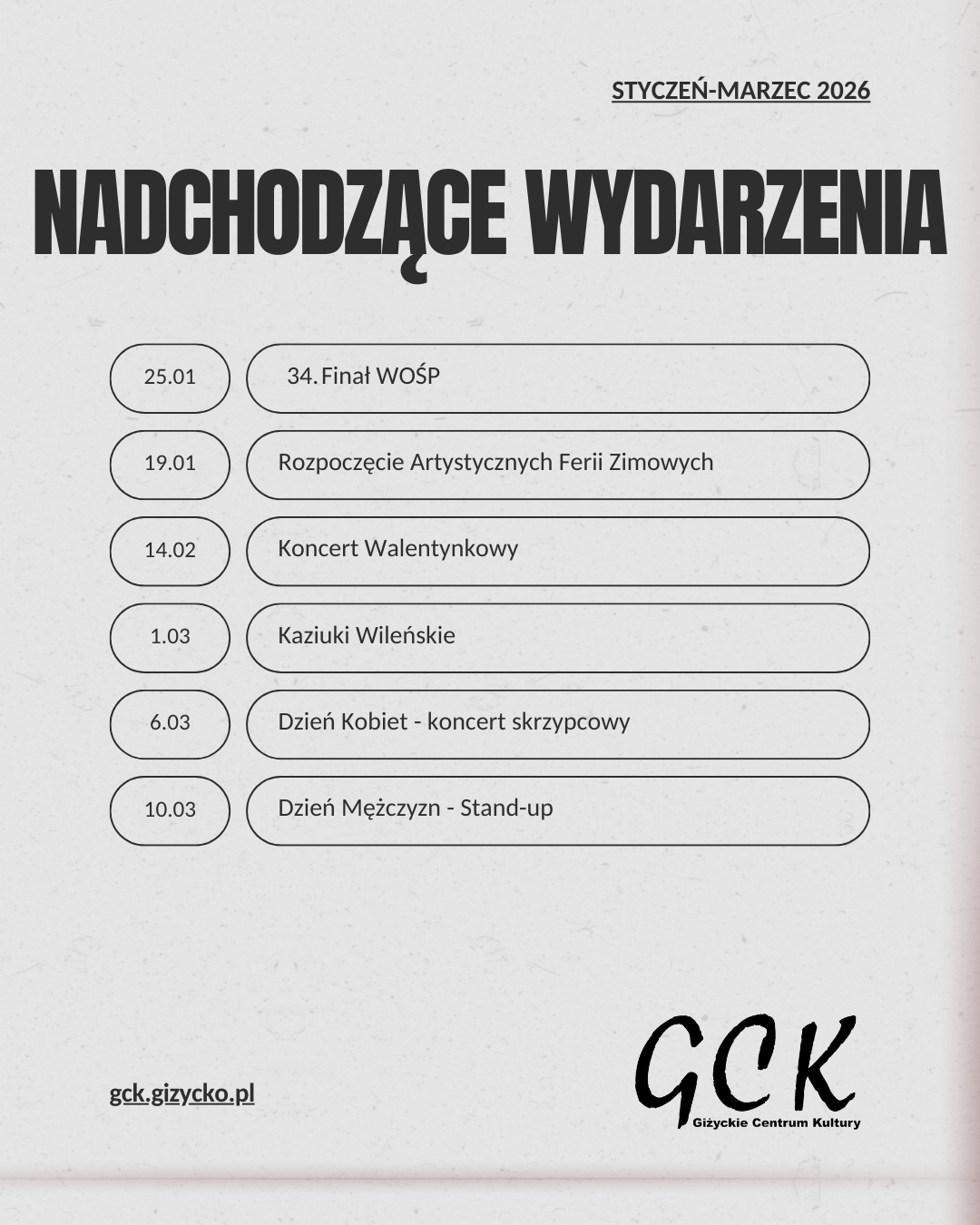 Wydarzenia GCK Giżycko 2026. Koncerty, festiwale i teatr miesiąc po miesiącu