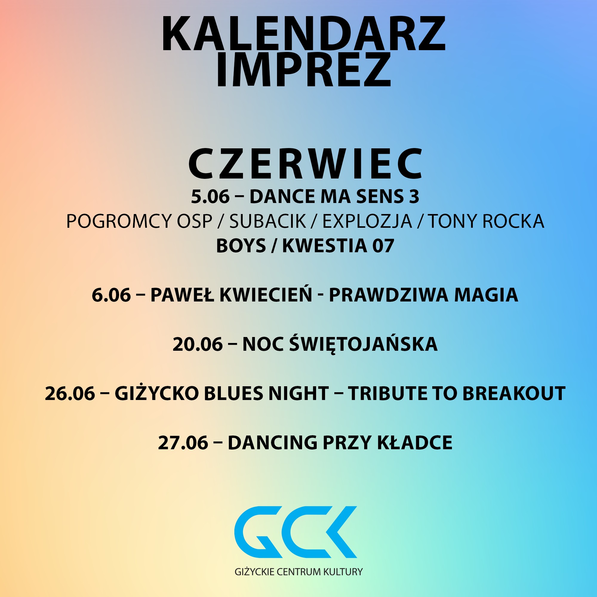 Wydarzenia GCK Giżycko 2026. Koncerty, festiwale i teatr miesiąc po miesiącu