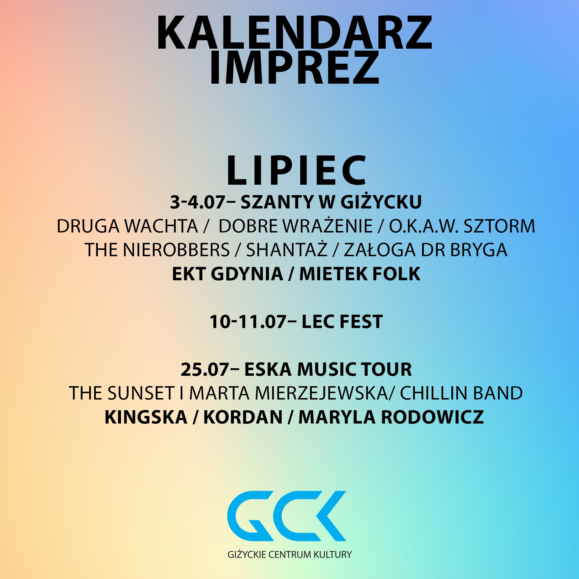 Wydarzenia GCK Giżycko 2026. Koncerty, festiwale i teatr miesiąc po miesiącu