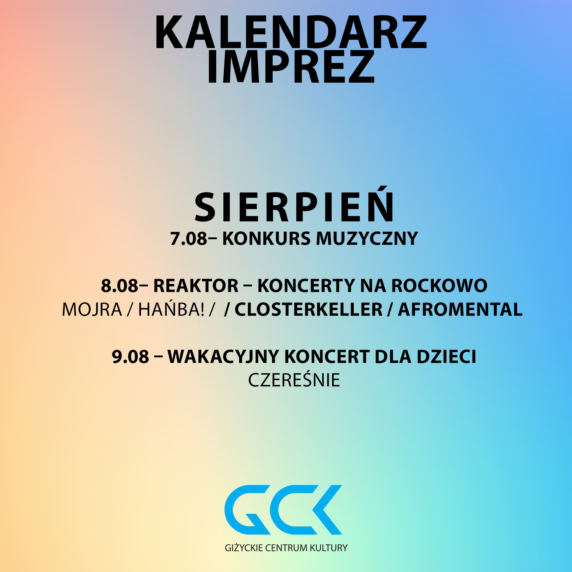 Wydarzenia GCK Giżycko 2026. Koncerty, festiwale i teatr miesiąc po miesiącu