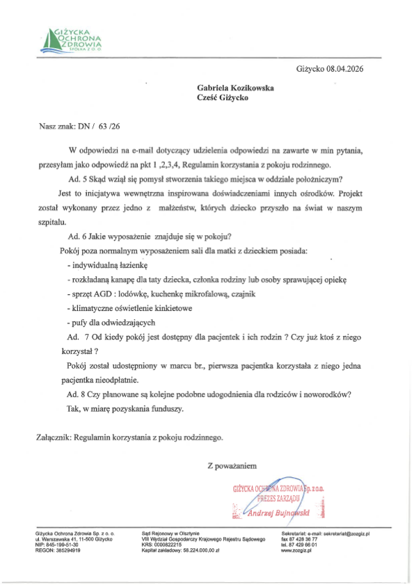 Pokój rodzinny w szpitalu w Giżycku. Jak działa, kto może skorzystać i ile to kosztuje?