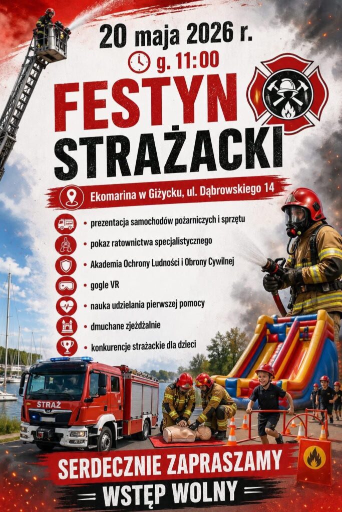 Festyn Strażacki w Giżycku 2026. Pokazy, wozy strażackie i atrakcje dla dzieci w Ekomarinie