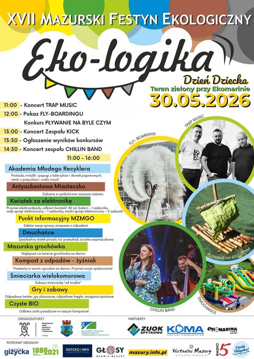 XVII Mazurski Festyn Ekologiczny Eko Logika i Dzień Dziecka w Rynie. Ekologia, atrakcje i zabawa nad jeziorem Ryńskim