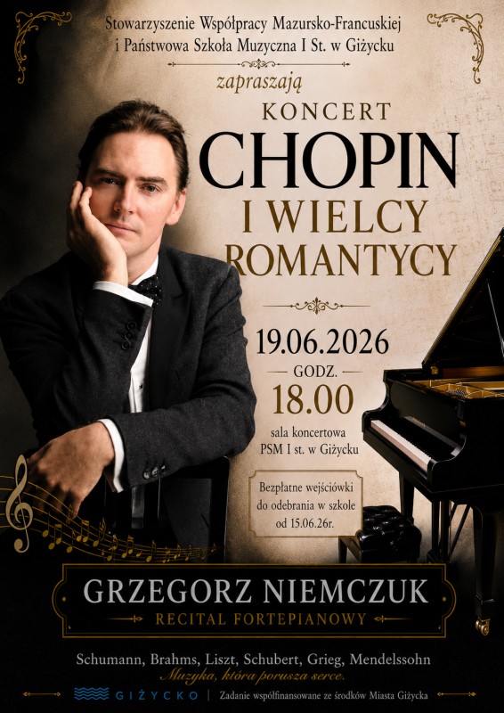 Koncert fortepianowy „Chopin i wielcy romantycy” w Giżycku. Grzegorz Niemczuk wystąpi w Państwowej Szkole Muzycznej