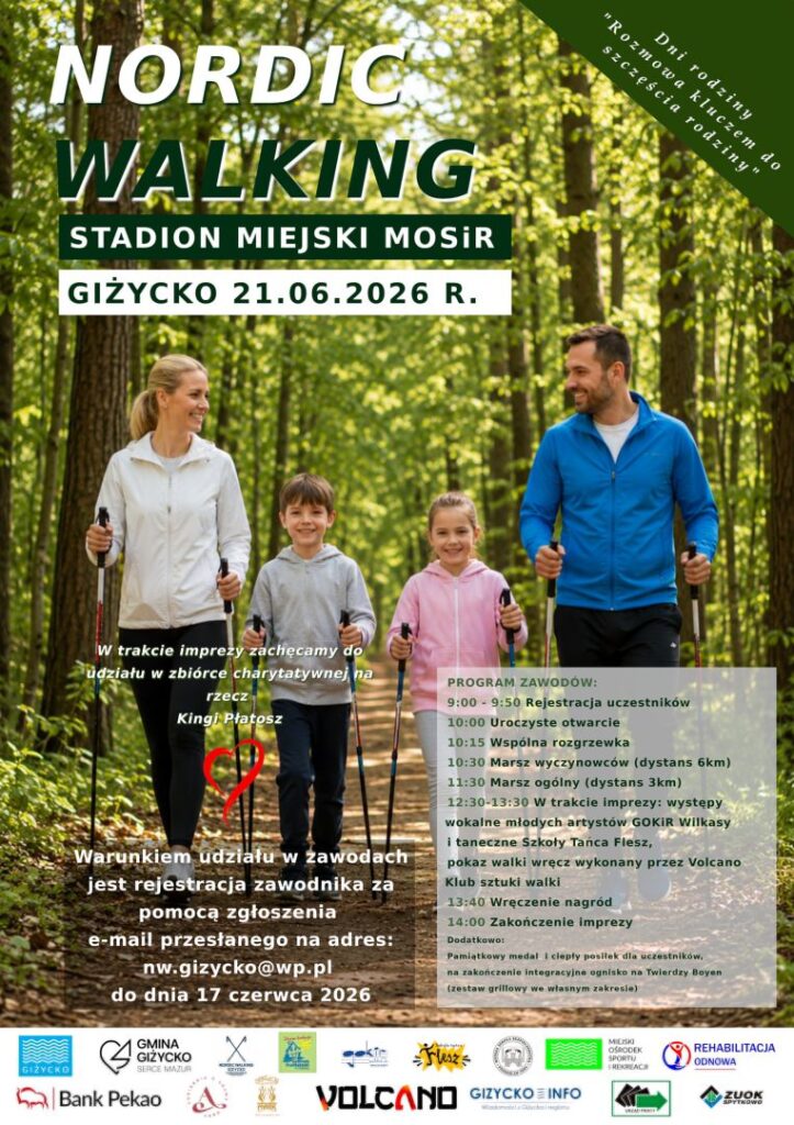 Rodzinny marsz Nordic Walking w Giżycku. Aktywność, zdrowie i dobra zabawa na Stadionie MOSiR