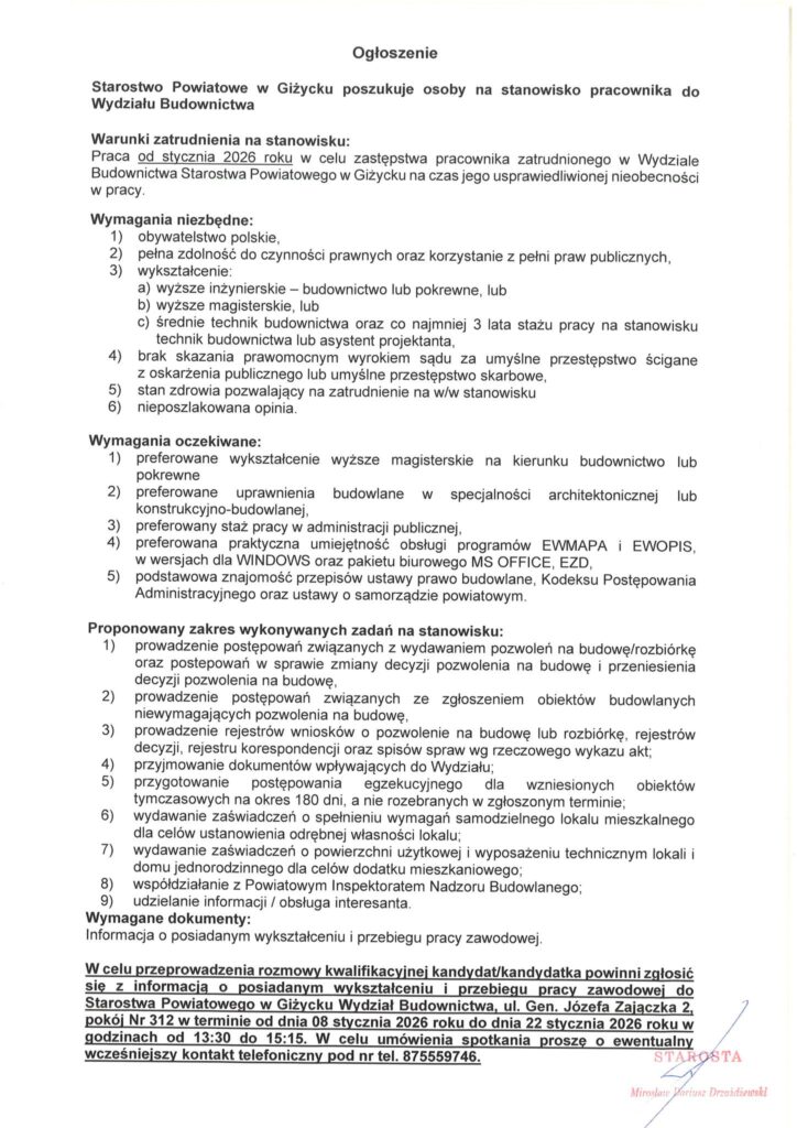 Ogłoszenie o naborze do Wydziału Budownictwa