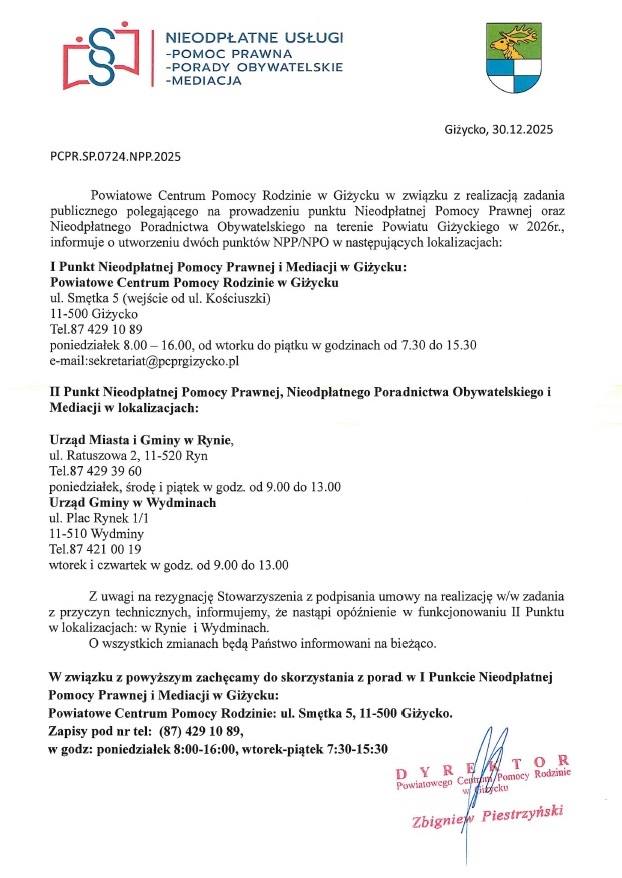 Nieodpłatna pomoc prawna w powiecie giżyckim 2026. Gdzie działają punkty i jak się zapisać?