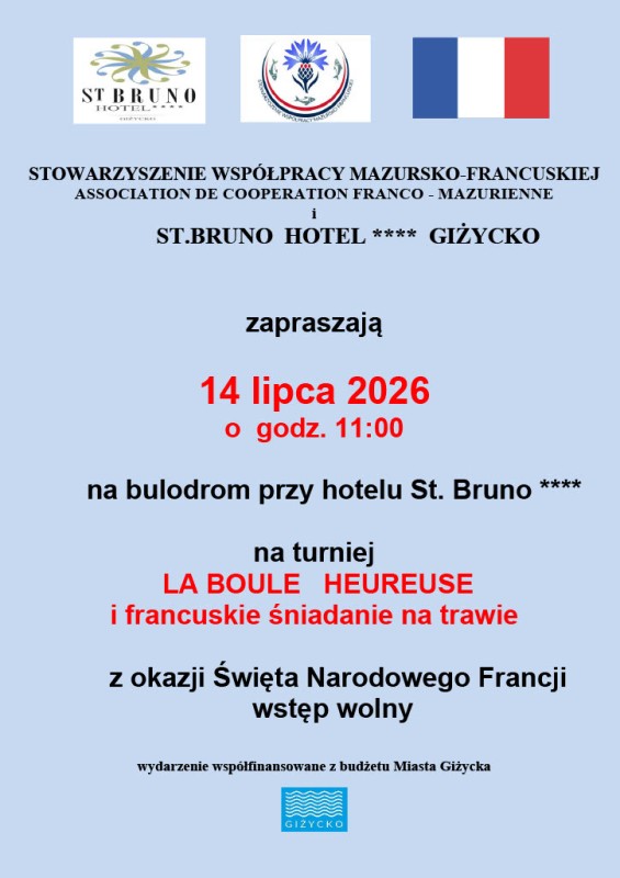 Turniej LA BOULE HEUREUSE w Giżycku 14 lipca 2026. Francuskie śniadanie na trawie w St. Bruno