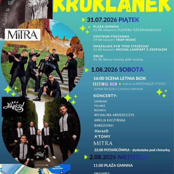 Plakat Dni Kruklanek 2026 z programem na 31 lipca - 2 sierpnia