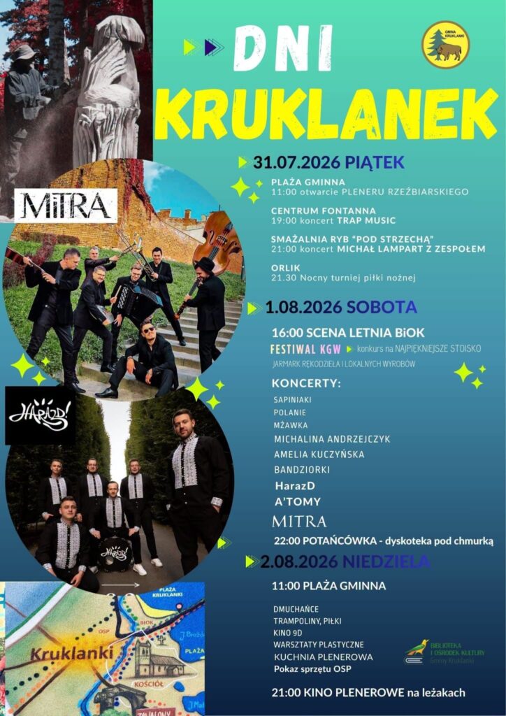Dni Kruklanek 2026. Program na 31 lipca – 2 sierpnia i koncerty w Kruklankach