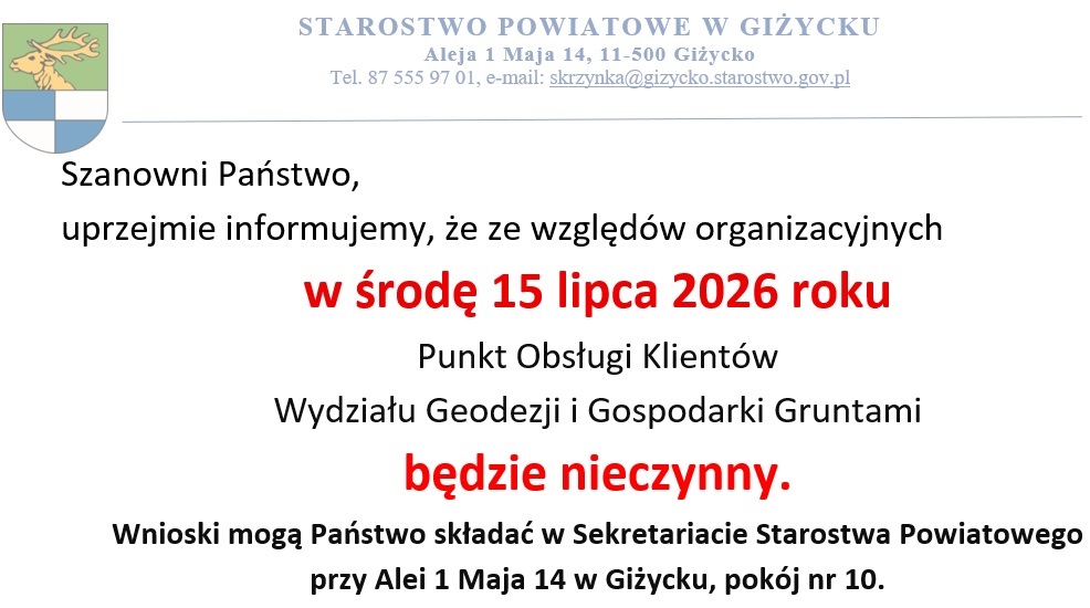 Komunikat Starostwa Powiatowego w Giżycku o nieczynnej geodezji 15 lipca 2026 roku
