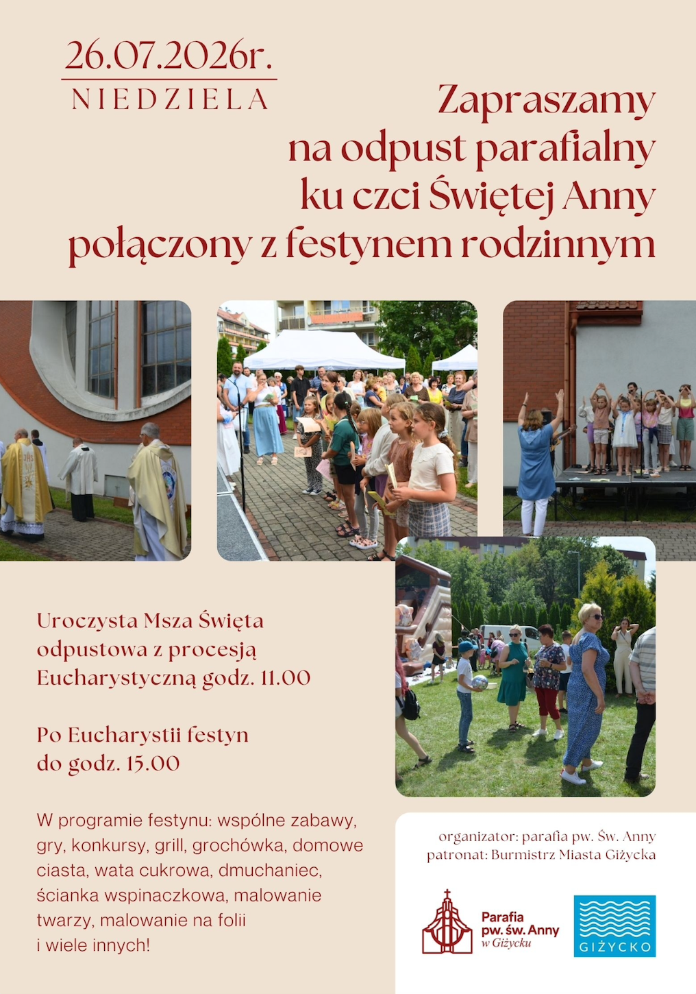 Oficjalny plakat odpustu parafialnego i festynu rodzinnego przy parafii św. Anny w Giżycku