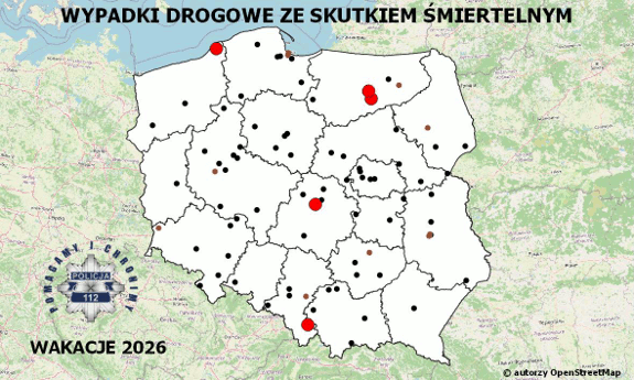 Policyjna mapa wypadków drogowych ze skutkiem śmiertelnym - Wakacje 2026