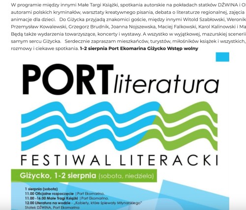 Port Literatura w Giżycku 1 i 2 sierpnia 2026. Program festiwalu w Ekomarinie
